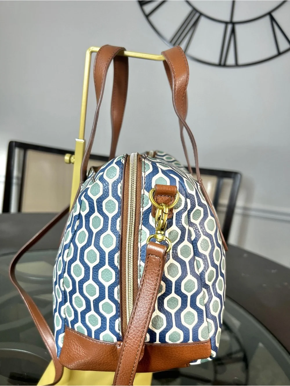 Fossil Geometric Print Satchel Shoulder Bag Blue Teal Coated Canvas Brown